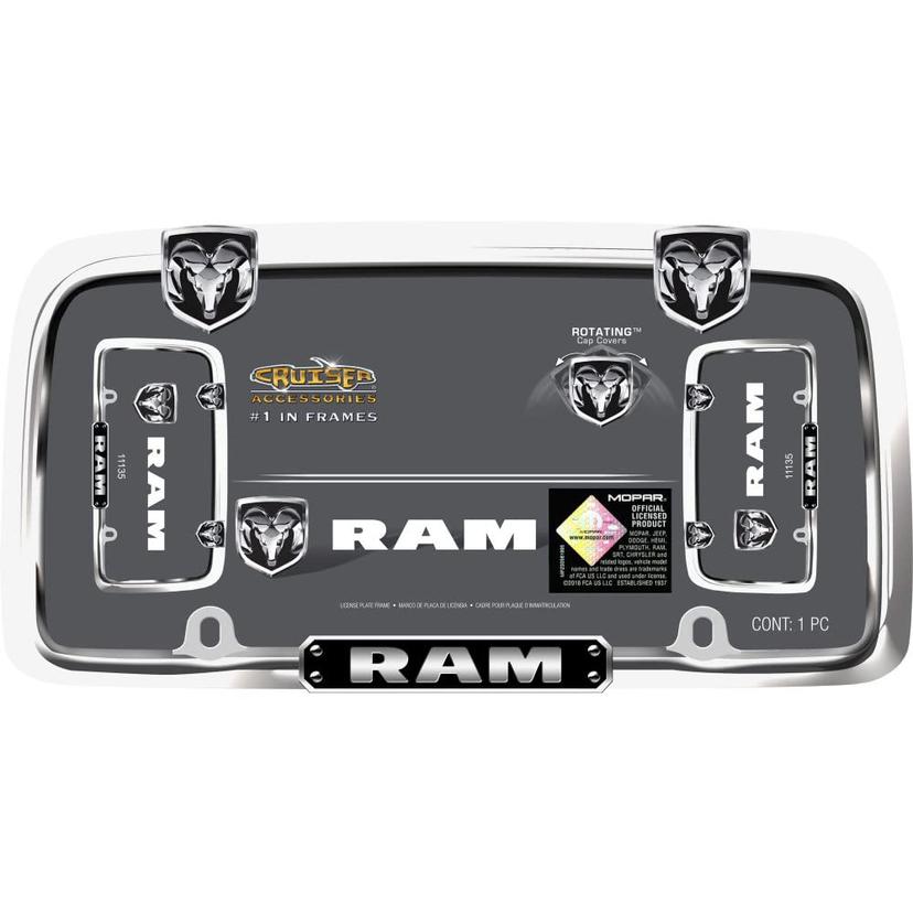 CRUISER 11135 Dodge Ram Logo Car Truck SUV Chrome Chrome Metal License Plate Frame with Rotating Cap Covers