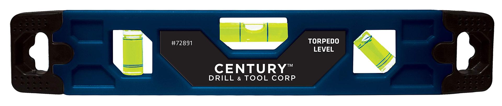 CENTURY 72891 Level; Torpedo Level; With 0 Degree/ 45 Degree/ 90 Degree Vials; 9 Inch Length; ABS Body with Rubber End Caps; With Full Length Magnetic Edge; Blue/ Black - High quality product image showing CENTURY 72891 Level; Torpedo Level; With 0 Degree/ 45 Degree/ 90 Degree Vials; 9 Inch Length; ABS Body with Rubber End Caps; With Full Length Magnetic Edge; Blue/ Black details and features