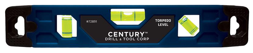 CENTURY 72891 Level; Torpedo Level; With 0 Degree/ 45 Degree/ 90 Degree Vials; 9 Inch Length; ABS Body with Rubber End Caps; With Full Length Magnetic Edge; Blue/ Black