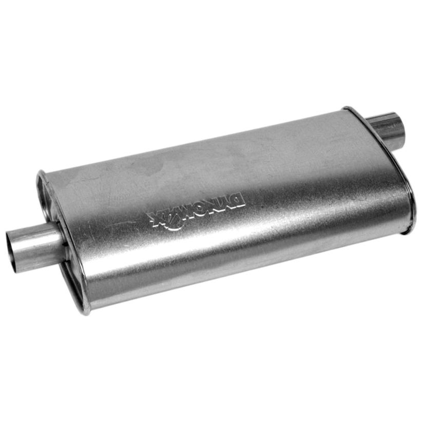 DYNOMAX 17748 Exhaust Muffler; Super Turbo; 9-3/4 Inch Length X 4-1/4 Inch Width Aluminized Steel Case; 2-1/2 Inch Offset Inlet; 2-1/2 Inch Center Outlet; 20 Case Length/ 25-1/2 Overall Length