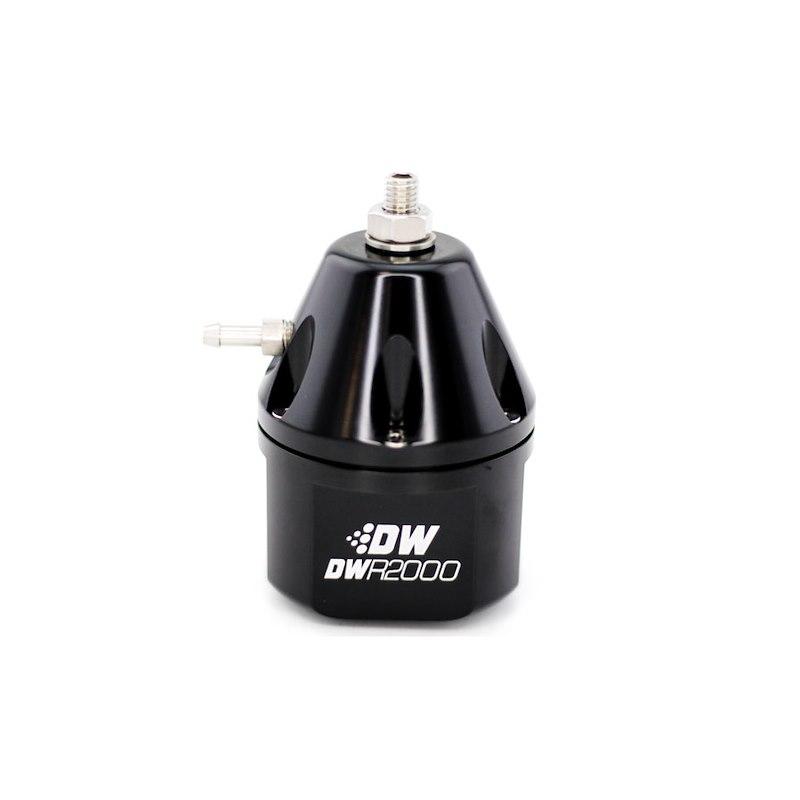 DW 6-2000-FRB Fuel Pressure Regulator; DWR2000 Series; 30-120 PSI; Dual -10AN ORB Inlet/ Single -8AN ORB Outlet; Compatible With All Fuels; Anodized Black; Aluminum; With Stainless Hardware/ Brackets