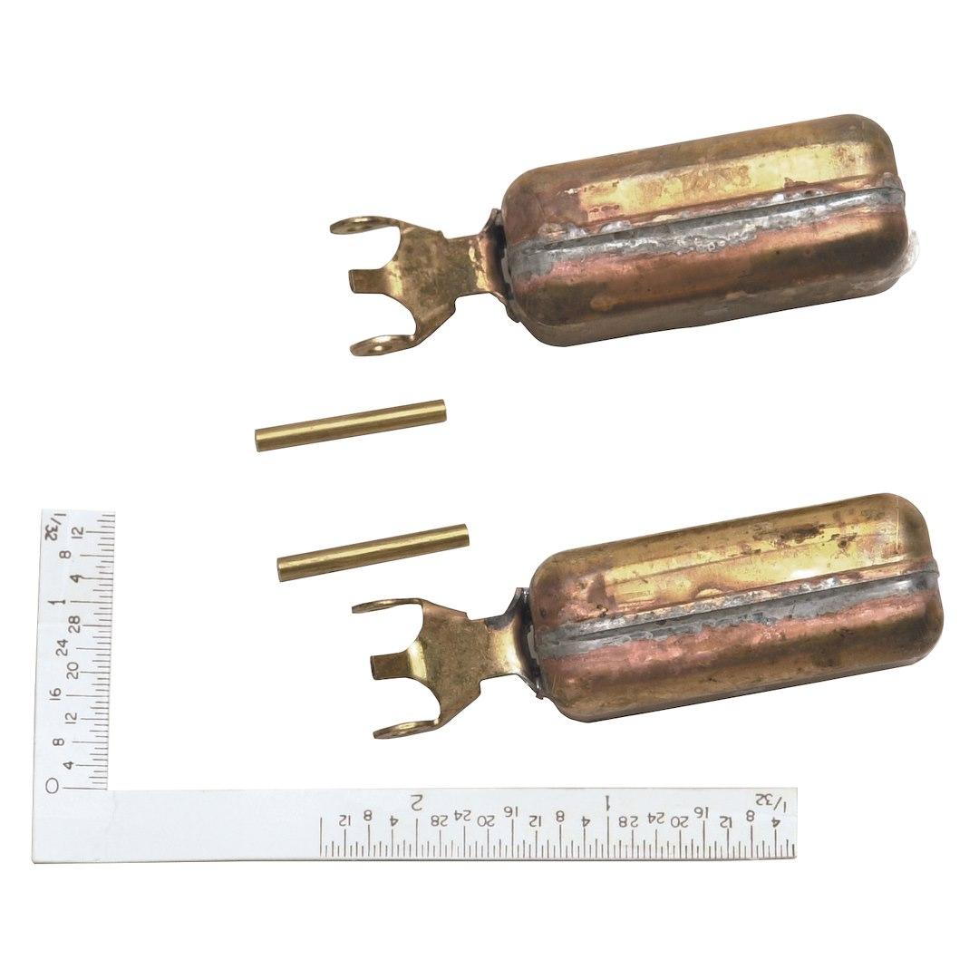 EDELBROCK 1469 FLOAT & HINGE PIN 2 EA, Side Hung Float; Brass; Non-Adjustable; With 2 Pins/ 2 Floats/ Float Setting Gauge - High quality product image showing EDELBROCK 1469 FLOAT & HINGE PIN 2 EA, Side Hung Float; Brass; Non-Adjustable; With 2 Pins/ 2 Floats/ Float Setting Gauge details and features