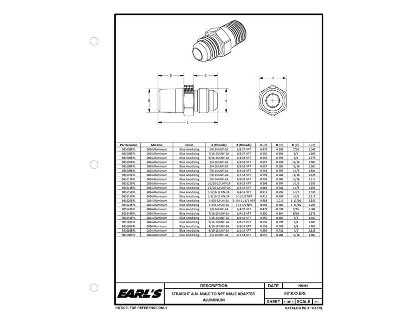 EARLS 981606ERL Straight Male AN -6 to 1/4 in. NPT