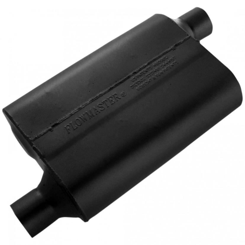 FLOWMASTER 42443 Exhaust Muffler; 40 Series Original; 9-3/4 Inch Width X 4 Inch Height Black Coated Aluminized Steel Case; Single 2-1/4 Inch Offset Inlet; Single 2-1/4 Inch Offset Outlet; 13 Inch Body/19 Inch Overall Length