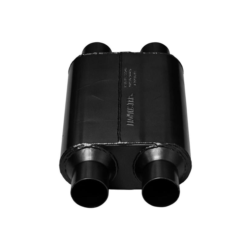 FLOWMASTER 425404 Exhaust Muffler; 40 Series Original; 9-1/2 Inch Width X 4 Inch Height 16 Gauge Black Coated Aluminized Steel Oval Case; Dual 2-1/2 Inch Inlet; Dual 2-1/2 Inch Outlet; 13 Inch Body/ 19 Inch Overall Length