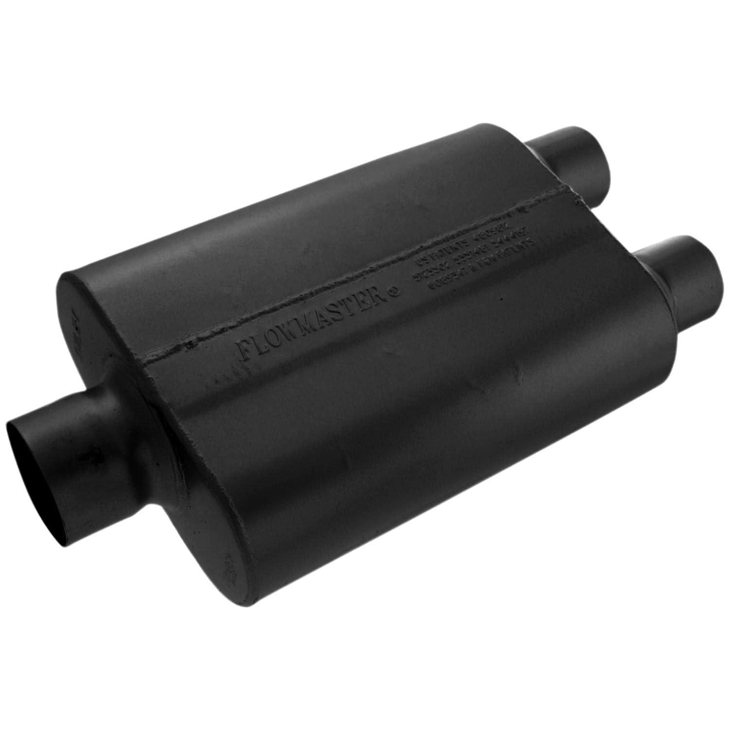 FLOWMASTER 430402 Exhaust Muffler; 40 Series Original; 9-3/4 Inch Width X 4 Inch Height Black Coated Aluminized Steel Case; Single 3 Inch Center Inlet; Dual 2-1/2 Inch Outlet; 13 Inch Body/19 Inch Overall Length - High quality product image showing FLOWMASTER 430402 Exhaust Muffler; 40 Series Original; 9-3/4 Inch Width X 4 Inch Height Black Coated Aluminized Steel Case; Single 3 Inch Center Inlet; Dual 2-1/2 Inch Outlet; 13 Inch Body/19 Inch Overall Length details and features