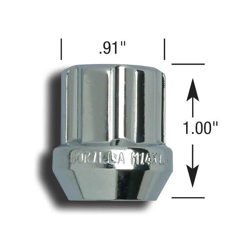 GORILLA 26048SD Lug Nut; Small Diameter Duplex Open End; 14 Millimeter x 1.5 Thread Size; Conical Seat; Spline Drive Lug; 1 Inch Overall Length; Spine Drive; Requires 6 Spline Tool (See Required Parts); Chrome Plated; Steel; Box Of 100