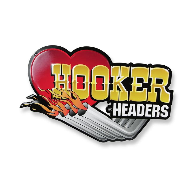 HOOKER 10145HKR Sign; 12 Inch Height x 19 Inch Width; Hooker Headers Logo With Flaming Headers; Red/ Yellow/ White/ Silver/ Orange; Metal