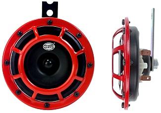 HELLA 003399801 HORN KIT SUPERTONE, One 500 Hertz High-Tone/ One 300 Hertz Low-Tone Horn; 118 Decibels; 12 Volt/ 5.5 Amp; 4.7 Inch Round; Black with Red Grille; Steel