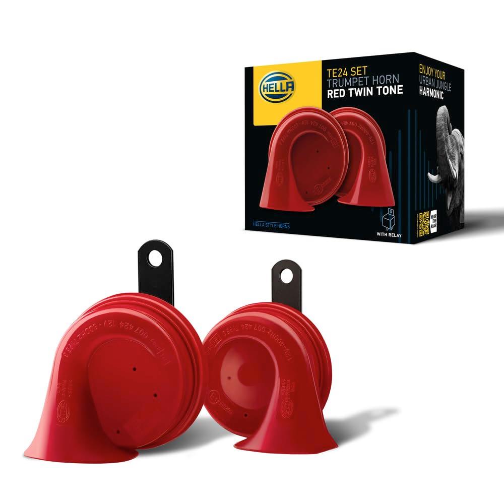 HELLA 007424801 Twin Trumpet High/Low Tone 12V Horn Kit with Bracket, Red - High quality product image showing HELLA 007424801 Twin Trumpet High/Low Tone 12V Horn Kit with Bracket, Red details and features