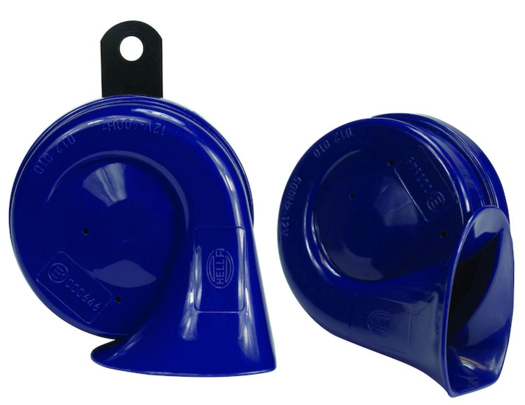 HELLA 012010801 HORN KIT BX BLUE TRUMPET, One 500 Hertz High-Tone Horn/ One 400 Hertz Low-Tone Horn; 110 Decibels; 12 Volt; 72 Watt; 3.2 Inch Trumpet; Blue; ABS Plastic Housing; Set Of 2; With Galvanized Metal Bracket - High quality product image showing HELLA 012010801 HORN KIT BX BLUE TRUMPET, One 500 Hertz High-Tone Horn/ One 400 Hertz Low-Tone Horn; 110 Decibels; 12 Volt; 72 Watt; 3.2 Inch Trumpet; Blue; ABS Plastic Housing; Set Of 2; With Galvanized Metal Bracket details and features