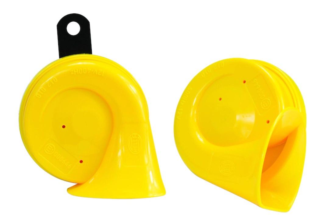 HELLA 012010821 HORN KIT BX YELLOW TRUMPE, One 500 Hertz High-Tone Horn/ One 400 Hertz Low-Tone Horn; 110 Decibels; 12 Volt; 72 Watt; 3.2 Inch Trumpet; Yellow; ABS Plastic Housing; Set Of 2; With Galvanized Metal Bracket - High quality product image showing HELLA 012010821 HORN KIT BX YELLOW TRUMPE, One 500 Hertz High-Tone Horn/ One 400 Hertz Low-Tone Horn; 110 Decibels; 12 Volt; 72 Watt; 3.2 Inch Trumpet; Yellow; ABS Plastic Housing; Set Of 2; With Galvanized Metal Bracket details and features