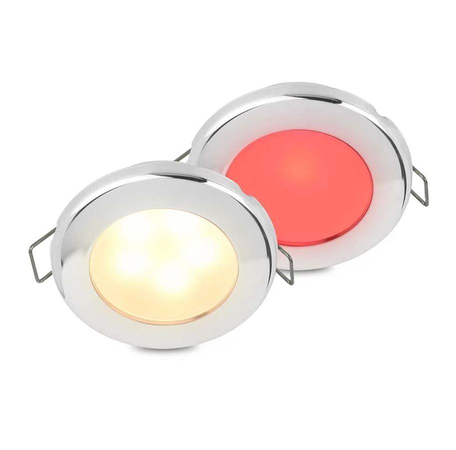 HELLA 015247621 ROUND WARM WHITE/RED - S/S BEZEL SP, Spring Mount; 3 Watt; 0.19 Amps; 12 Volt; Warm White/ Red LED Bulb; 72 Millimeter Round; 316 Stainless Steel Polished Housing; 2700K Color Temperature; 190 Lumens; IP6K7/ IP6K9K Waterproof - High quality product image showing HELLA 015247621 ROUND WARM WHITE/RED - S/S BEZEL SP, Spring Mount; 3 Watt; 0.19 Amps; 12 Volt; Warm White/ Red LED Bulb; 72 Millimeter Round; 316 Stainless Steel Polished Housing; 2700K Color Temperature; 190 Lumens; IP6K7/ IP6K9K Waterproof details and features