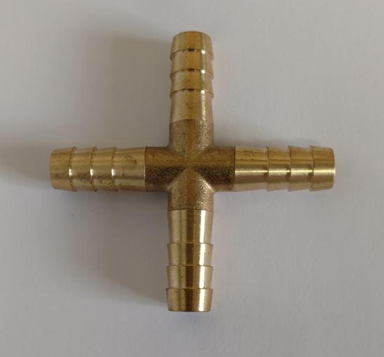 HELIX RACING 053-3450 BRASS BARB CROSS 4-WAY 5/16(8MM), 5/16 Inch Hose Barb; 4-Way Cross; Without O-Ring; Without Jam Nut; Brass; Single