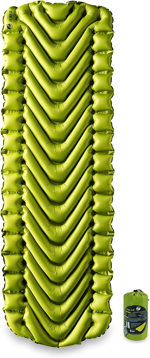 KLYMIT 06S2GR03C Sleeping Pad; Static V2; Inflatable; Manual Inflation Using Breath; V-Chamber Design; 72 In L x 23 In W x 2-1/2 In H Inflated Regular; Green; 75D Polyester Fabric; 16 Ounce Weight; R-Value 1.3/ASTM 1.3; With Insulation; With Stuff Sack A - High quality product image showing KLYMIT 06S2GR03C Sleeping Pad; Static V2; Inflatable; Manual Inflation Using Breath; V-Chamber Design; 72 In L x 23 In W x 2-1/2 In H Inflated Regular; Green; 75D Polyester Fabric; 16 Ounce Weight; R-Value 1.3/ASTM 1.3; With Insulation; With Stuff Sack A details and features