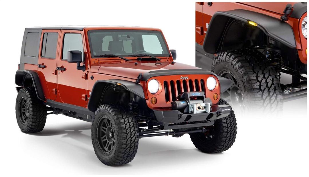 BUSHWACKER 10918-07 Jeep Flat Style Front & Rear Fender Flares | 4-Piece Set, Black, Textured Finish Fits 2007-2018 Jeep Wrangler JK Unlimited 4-Door - The Twister Group Tools product