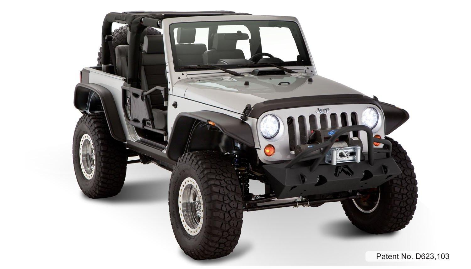 BUSHWACKER 10919-07 Jeep Flat Style Front & Rear Fender Flares | 4-Piece Set, Black, Textured Finish Fits 2007-2018 Jeep Wrangler JK 2-Door - High quality product image showing BUSHWACKER 10919-07 Jeep Flat Style Front & Rear Fender Flares | 4-Piece Set, Black, Textured Finish Fits 2007-2018 Jeep Wrangler JK 2-Door details and features