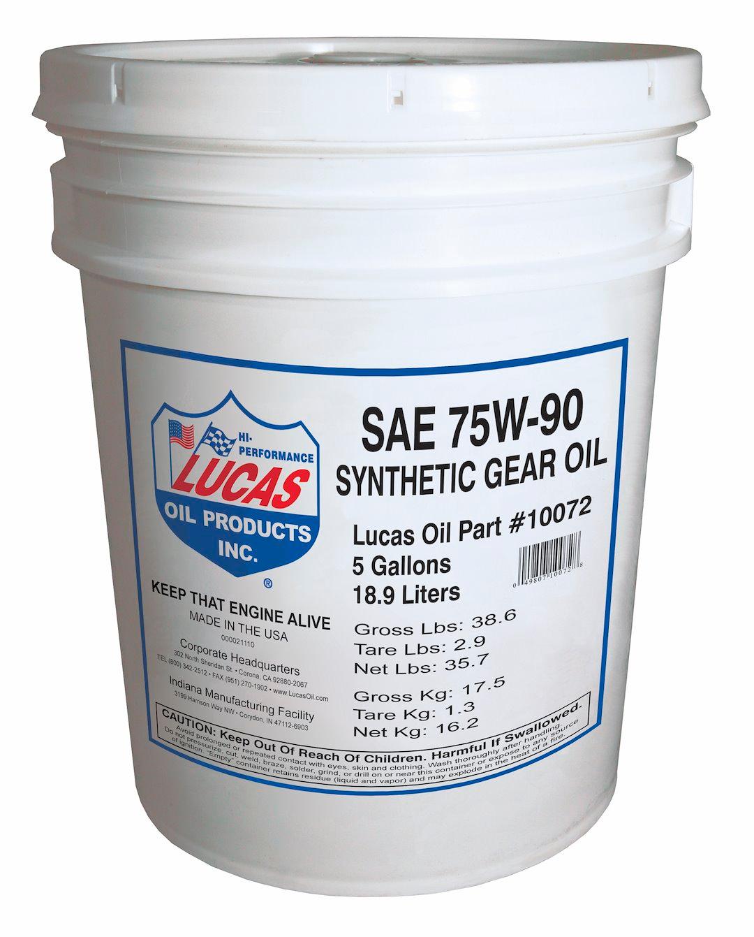 LUCAS OIL 10072 SYNTHETIC SAE 75W-90 TRAN, SAE 75W-90; Synthetic; 5 Gallon Pail; Single - The Twister Group Tools product
