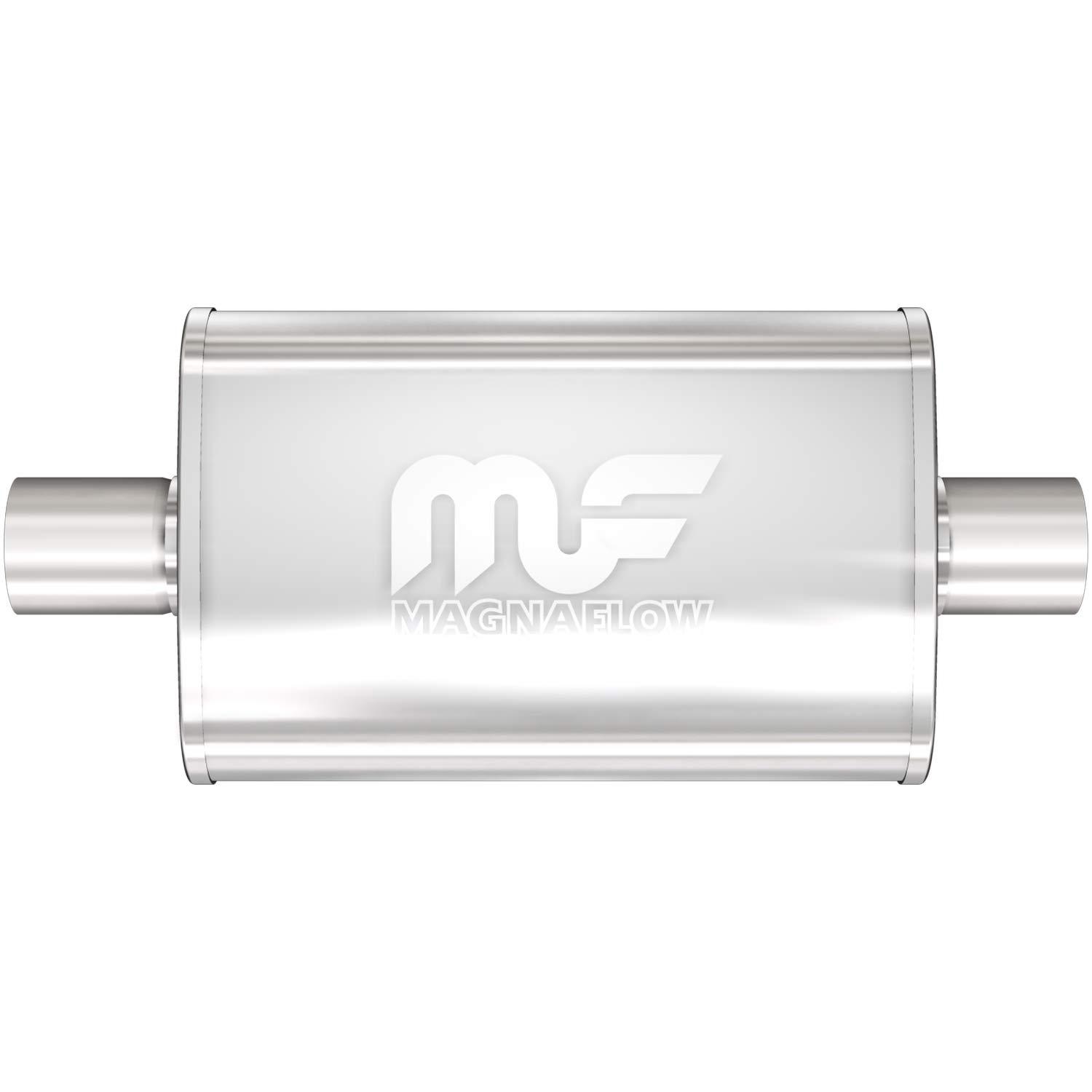 MAGNAFLOW 11214 Exhaust Muffler 2 INCH/2 INCH Inlet/Outlet, 4x9x14 INCH Oval, Stainless Steel, Satin Finish - High quality product image showing MAGNAFLOW 11214 Exhaust Muffler 2 INCH/2 INCH Inlet/Outlet, 4x9x14 INCH Oval, Stainless Steel, Satin Finish details and features