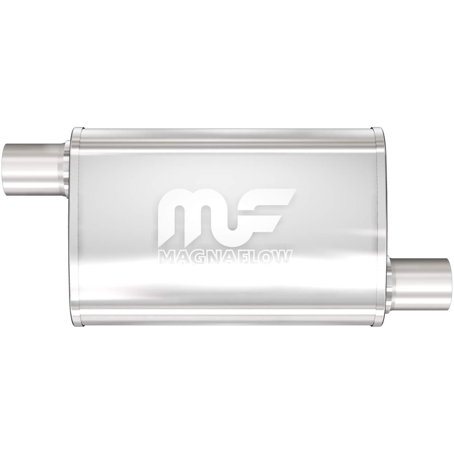MAGNAFLOW 11235 Exhaust Muffler 2.25 INCH/2.25 INCH Inlet/Outlet, 4x9x14 INCH Oval, Stainless Steel, Satin Finish - High quality product image showing MAGNAFLOW 11235 Exhaust Muffler 2.25 INCH/2.25 INCH Inlet/Outlet, 4x9x14 INCH Oval, Stainless Steel, Satin Finish details and features