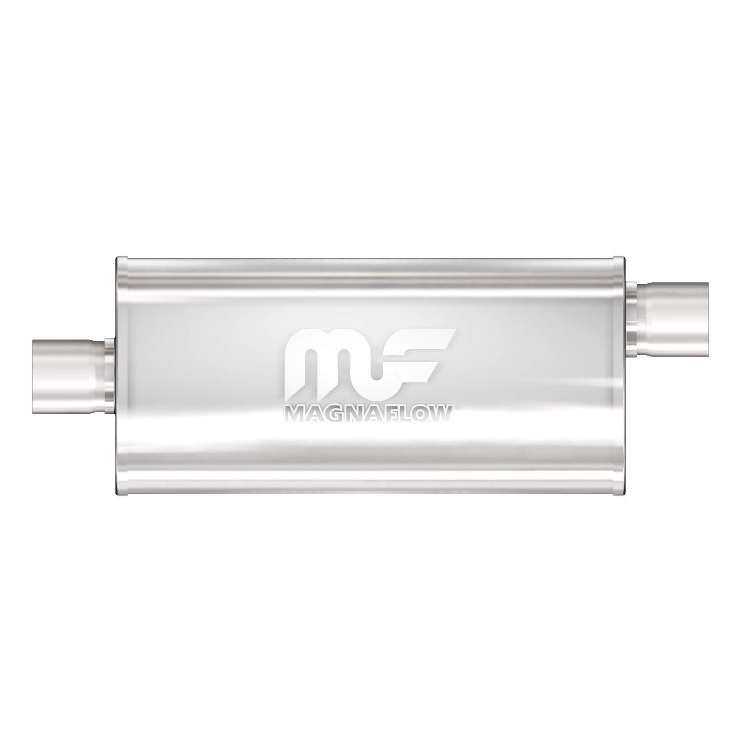 MAGNAFLOW 12256 Exhaust Muffler 2.5 INCH/2.5 INCH Inlet/Outlet, 5x8x18 INCH Oval, Stainless Steel, Satin Finish - High quality product image showing MAGNAFLOW 12256 Exhaust Muffler 2.5 INCH/2.5 INCH Inlet/Outlet, 5x8x18 INCH Oval, Stainless Steel, Satin Finish details and features