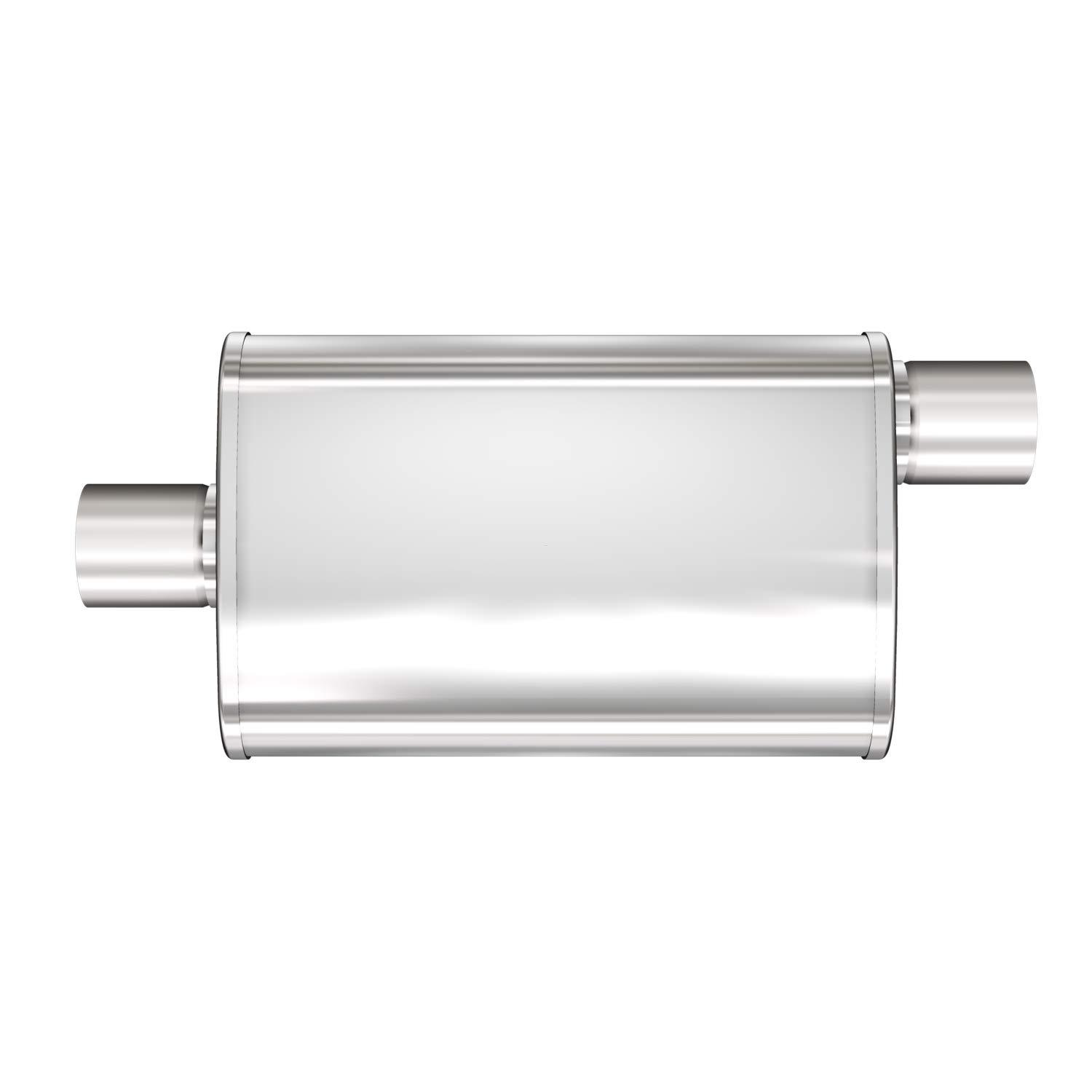 MAGNAFLOW 13219 Exhaust Muffler; 4 Inch x 9 Inch Oval Satin Stainless Steel Case; Single 3 Inch Center Inlet; Single 3 Inch Offset Outlet; 14 Inch Body/ 20 Inch Overall Length - High quality product image showing MAGNAFLOW 13219 Exhaust Muffler; 4 Inch x 9 Inch Oval Satin Stainless Steel Case; Single 3 Inch Center Inlet; Single 3 Inch Offset Outlet; 14 Inch Body/ 20 Inch Overall Length details and features
