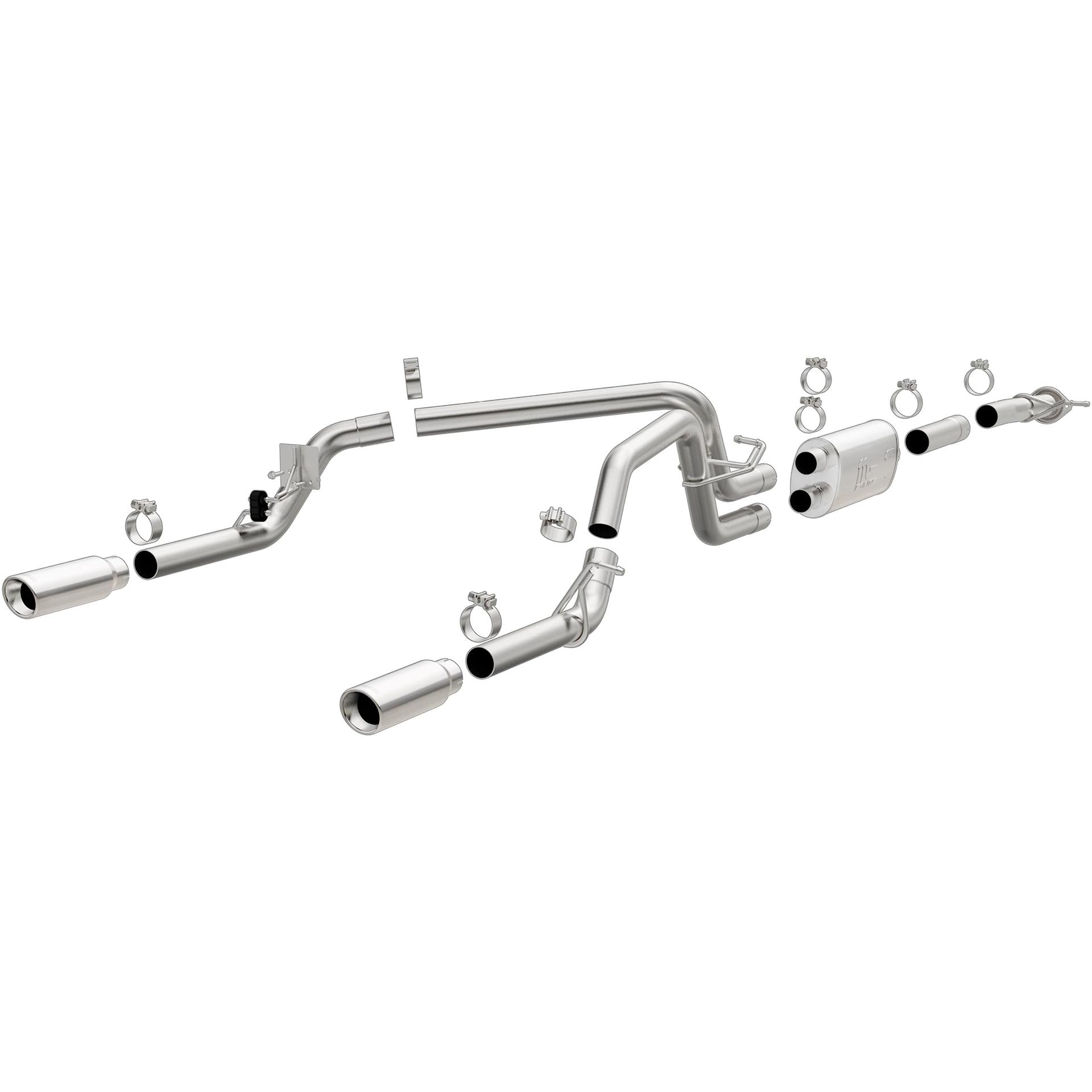 MAGNAFLOW 19019 Cat-Back Performance Exhaust System - Street Series, Stainless Steel 3in Main Piping, Dual Split Rear Exit, Polished Finish 3.5in Exhaust Tip - Truck Performance Exhaust Kit - High quality product image showing MAGNAFLOW 19019 Cat-Back Performance Exhaust System - Street Series, Stainless Steel 3in Main Piping, Dual Split Rear Exit, Polished Finish 3.5in Exhaust Tip - Truck Performance Exhaust Kit details and features