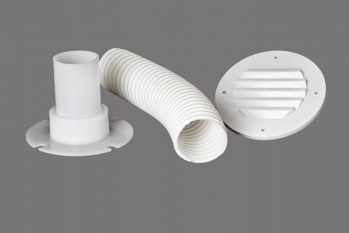 MTS 276 Battery Box Vent; Replacement For MTS Battery Boxes; Louvered Vent; White; Accommodates 9 Inch Hose; With Wall Connector/ 9 Inch Hose/ 4-1/2 Inch Diameter Louvered Plate