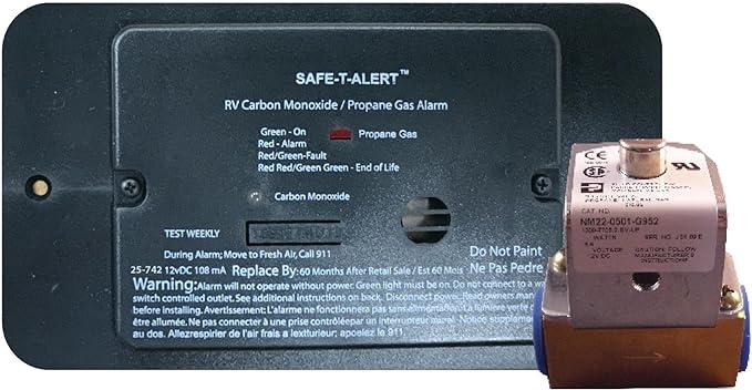 SAFE-T-ALERT 25-742-R-BL-TR-KIT Carbon Monoxide/ Propane Leak Detector; Detects And Controls Both LP And CO Gas; Alerts To Leak With Beeping; With LED Indicator; Flush Mounting; 12 Volt DC Hardwire; Black; With Trim Ring And Solenoid Valve