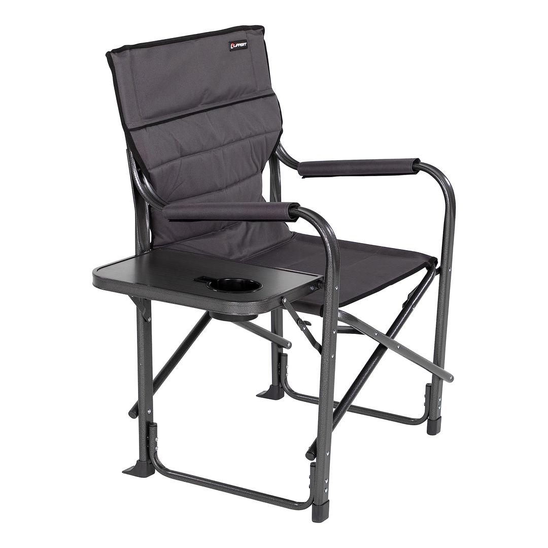 LIPPERT 2021123280 Scout Plus Director Chair with Side Table for Camping, Foldable, Steel Tube Frame, 600D Polyester, UV and Water Resistant PVC Coating, 400 lb. Weight Capacity, Dark Grey - The Twister Group Tools product
