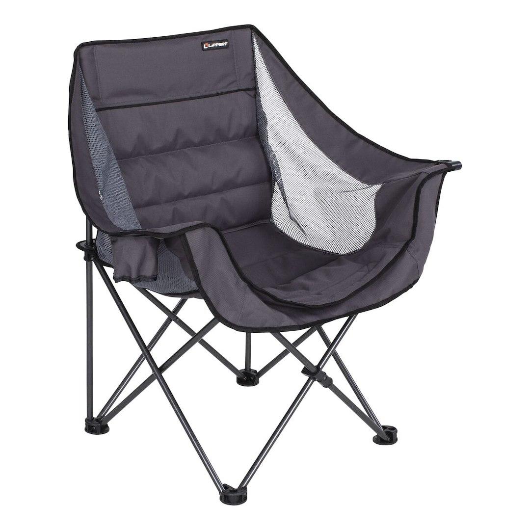 LIPPERT 2021128652 LIPPERT CAMPFIRE FOLDING CAMP CHAIR, Camp Chair; 40-1/4 Inch Length x 38-1/4 Inch Height x 27-1/2 Inch Depth; 350 Pound Weight Capacity; Foldable; Dark Gray; Steel Tube Frame/ Mesh Fabric/ Padded Mesh Back/ Seat/ Armrests - The Twister Group Tools product
