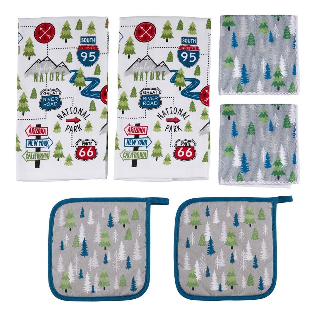 LIPPERT 2022107828 Road Sign RV Kitchen Towel & Potholder Set, 6 Pieces, Unique Road Trip Design Two Kitchen Towels, Two Dish Cloths and Two potholders Rated up to 400°F Machine Washable - High quality product image showing LIPPERT 2022107828 Road Sign RV Kitchen Towel & Potholder Set, 6 Pieces, Unique Road Trip Design Two Kitchen Towels, Two Dish Cloths and Two potholders Rated up to 400°F Machine Washable details and features