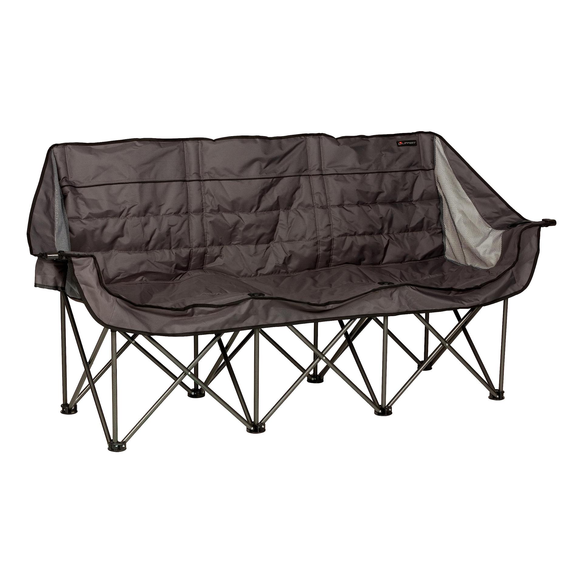 LIPPERT 2022114796 Campfire Folding Couch - Dark Grey, High-Loft, Foldable Sofa, Dual Cup Holders, Power Coated Steel Frame, Durable 600D Outdoor Polyester Fabric, 500 lb. Capacity - High quality product image showing LIPPERT 2022114796 Campfire Folding Couch - Dark Grey, High-Loft, Foldable Sofa, Dual Cup Holders, Power Coated Steel Frame, Durable 600D Outdoor Polyester Fabric, 500 lb. Capacity details and features