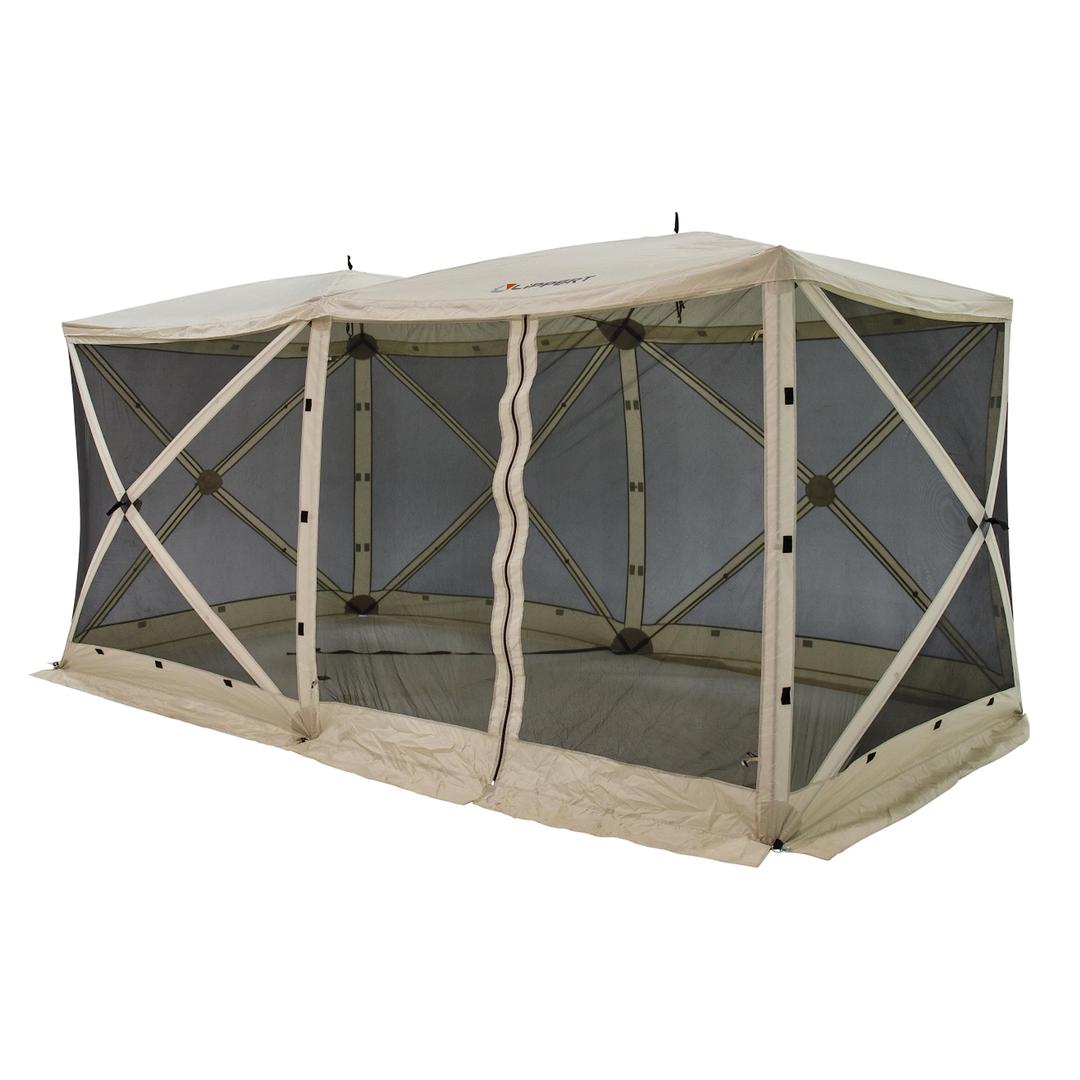 LIPPERT 2022114836 Picnic Popup Double Gazebo Tent for Camping, Patios and Easy Outdoor Shelter, 16FT x 8FT Breathable Mesh Screen Walls, 8-12 People, 128 Sq. Ft. Integrated Lantern Holders - The Twister Group Tools product