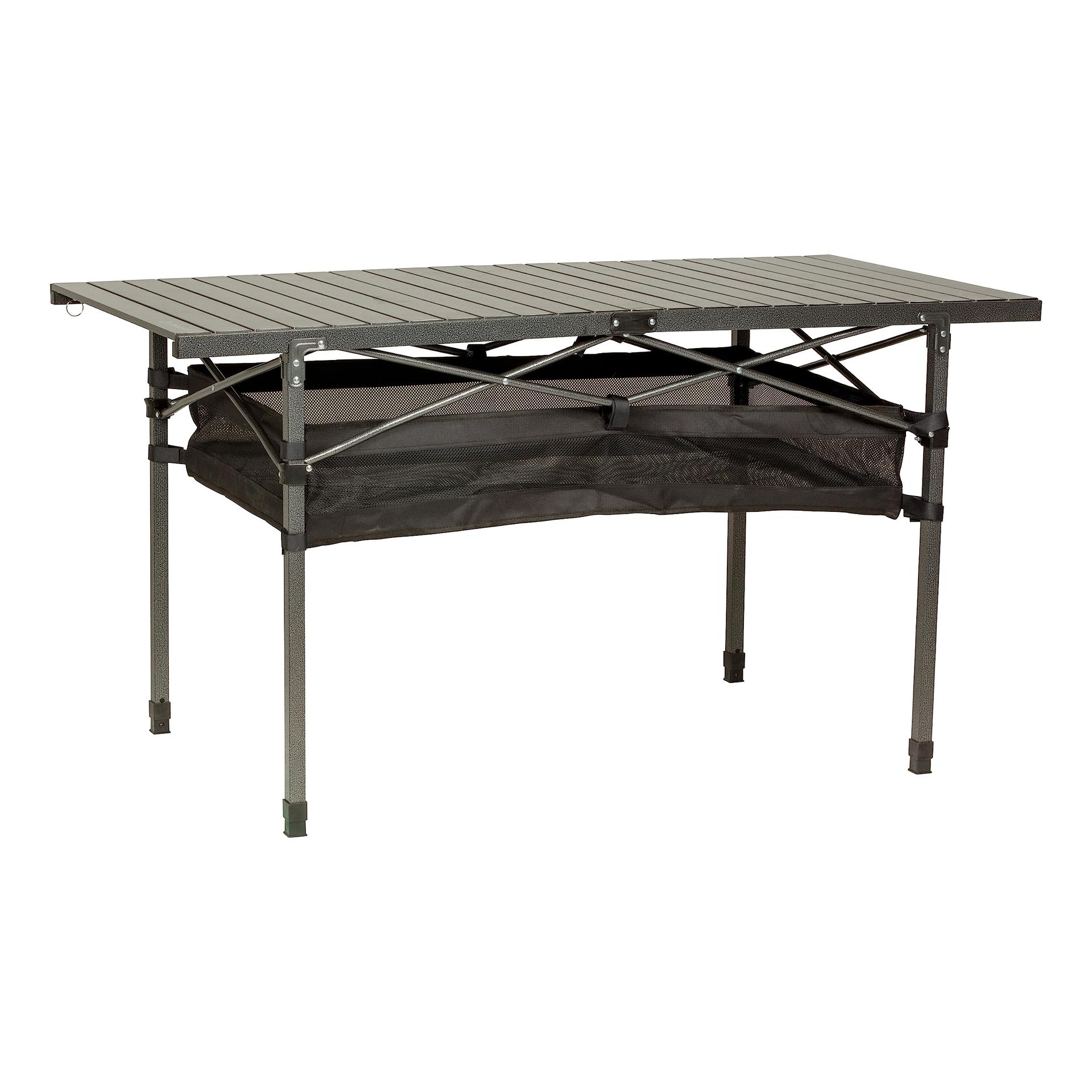 LIPPERT 2022122524 Camping Dining Table, Slatted Aluminum Tabletop, Foldable Design, Heavy-Duty Steel Legs, Powder-Coated Protection, Mesh Storage Shelf, 80-lb. Capacity, Carrying Bag - High quality product image showing LIPPERT 2022122524 Camping Dining Table, Slatted Aluminum Tabletop, Foldable Design, Heavy-Duty Steel Legs, Powder-Coated Protection, Mesh Storage Shelf, 80-lb. Capacity, Carrying Bag details and features
