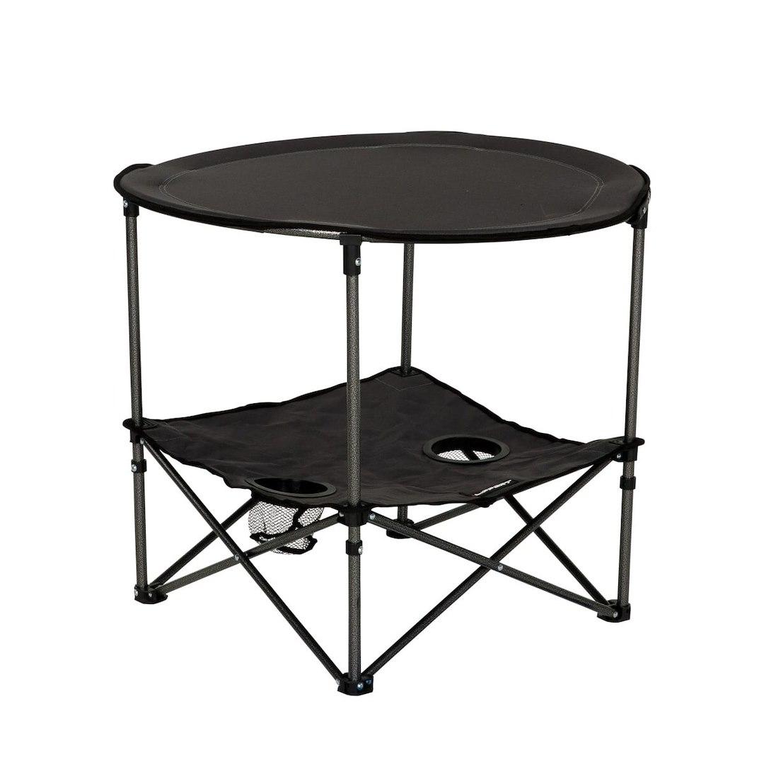 LIPPERT 2023053720 TWO-TIER FOLDING CAMPING TABLE, 28.3 Inch Length x 28.3 Inch Width x 23.8 Inch Depth; 80 Pound Weight Capacity; Folding; Dark Gray; Powder Coated Steel Frame And Polyester Fabric With PVC Coating; Two-Tier Design - The Twister Group Tools product