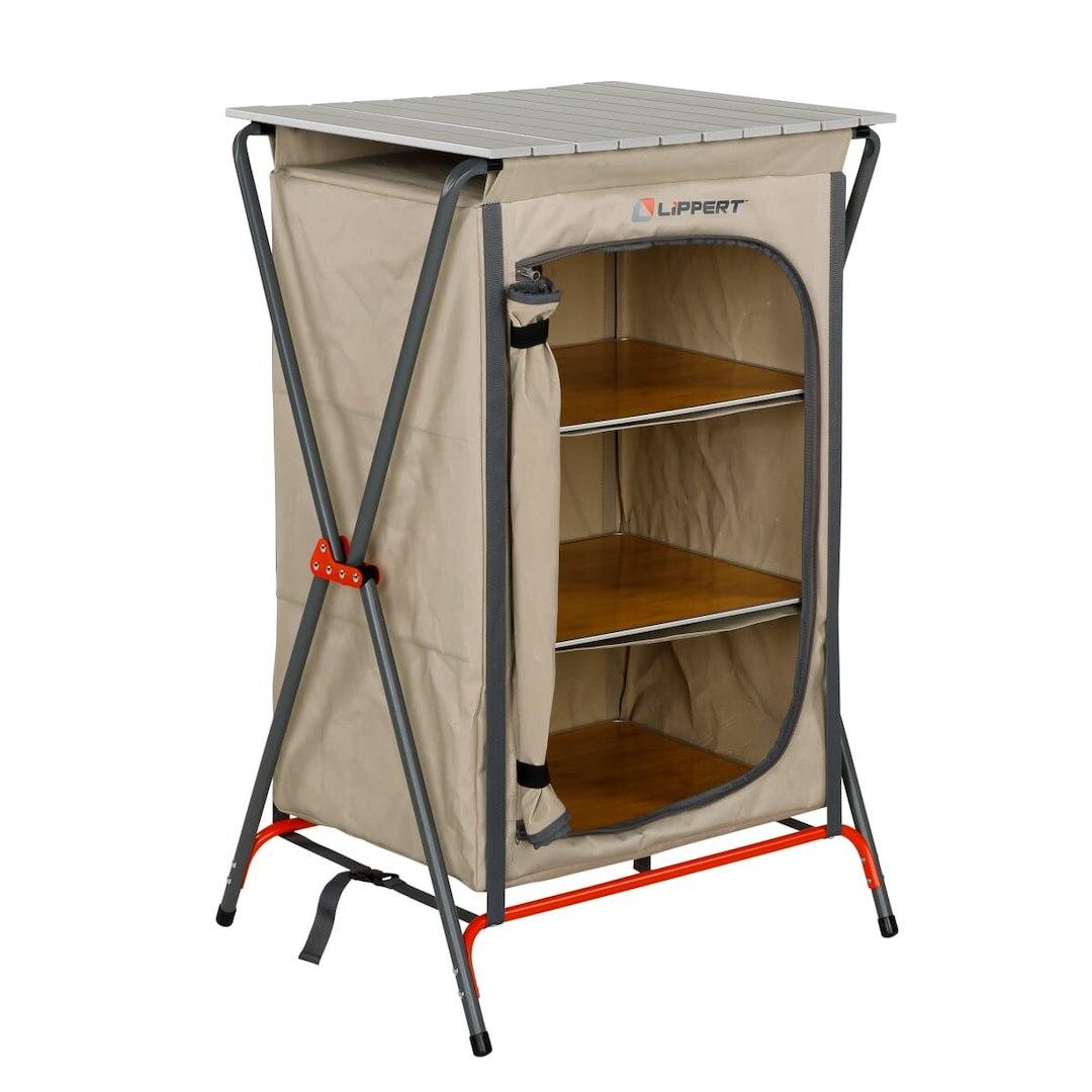 LIPPERT 2023053723 CAMPING PANTRY - SAND, 38.6 Inch Height x 24.8 Inch Width x 20.3 Inch Depth; 80 Pound Weight Capacity; Folding; Sand; Powder Coated Steel Frame And Polyester Fabric With PVC Coating - The Twister Group Tools product