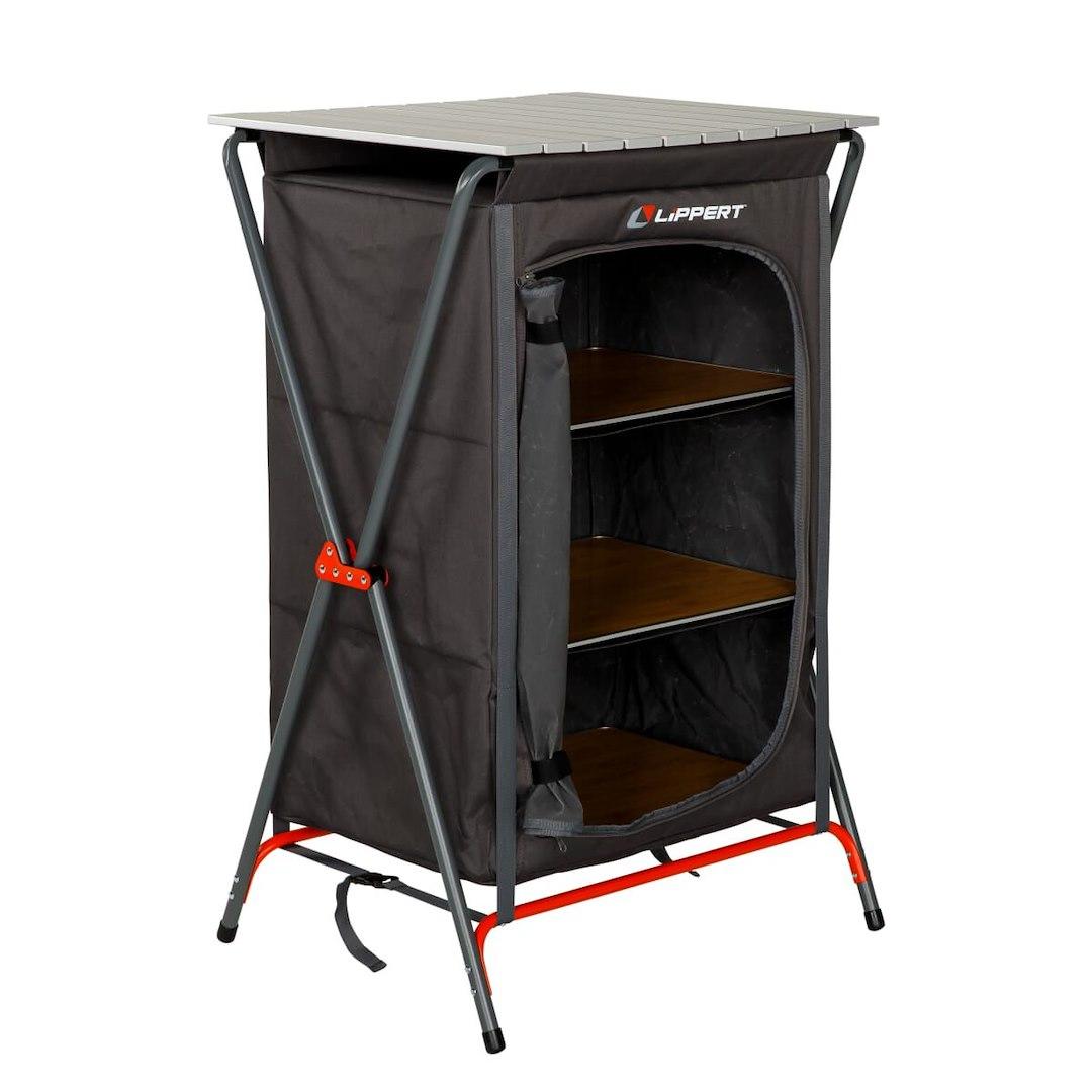 LIPPERT 2023053725 CAMPING PANTRY - GREY, 38.6 Inch Height x 24.8 Inch Width x 20.3 Inch Depth; 80 Pound Weight Capacity; Folding; Dark Gray; Powder Coated Steel Frame And Polyester Fabric With PVC Coating - The Twister Group Tools product