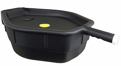 MIDWEST CAN 6400 15 QT RECYCLING DRAIN PAN, 15 Quart Capacity; 19 Inch Length x 16 Inch Width; 6-3/4 Inch Height; Black; High Density Polyethylene; With Back Handle/ Pour Spout; Closed Top