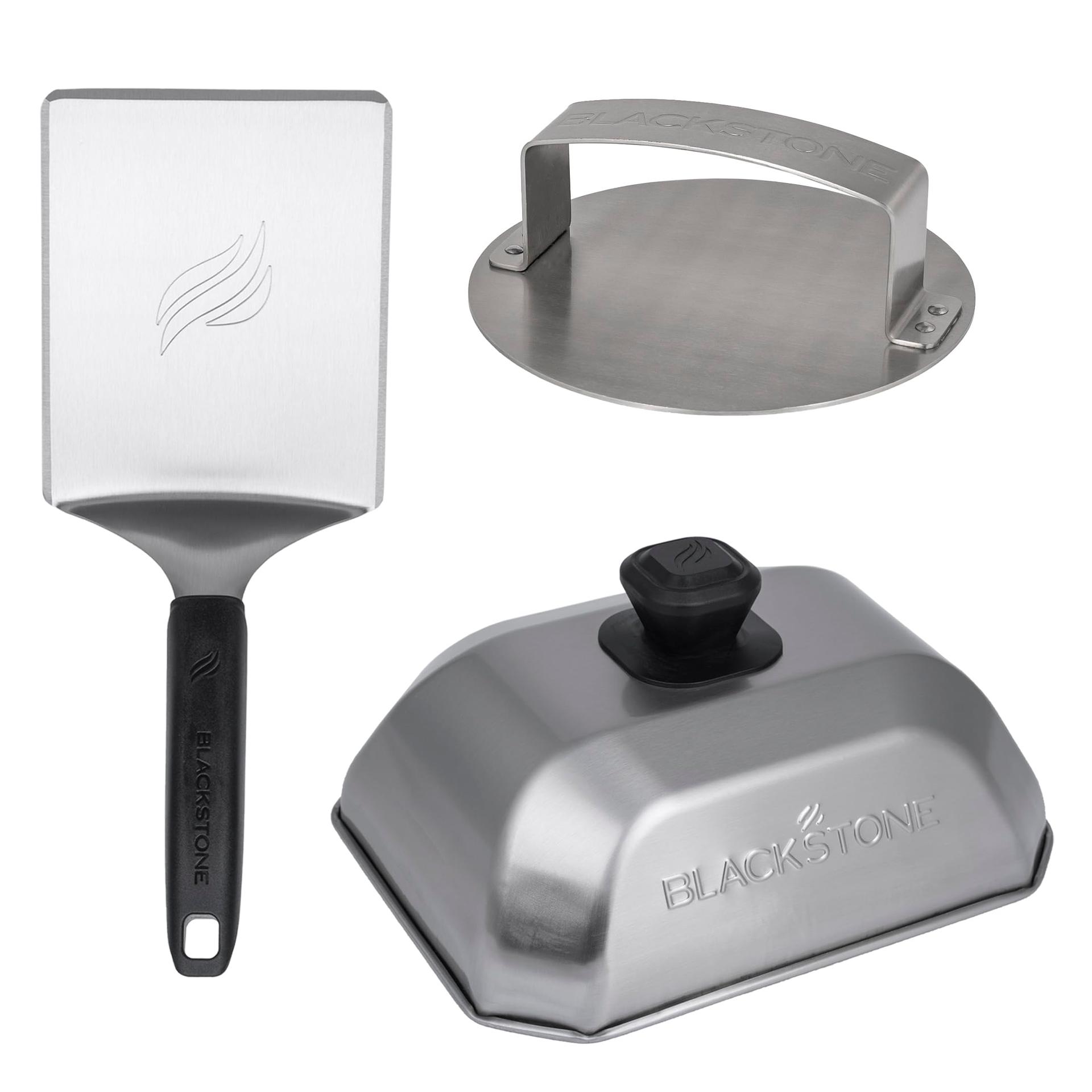 BLACKSTONE 5462 Hamburger Kit (3 Piece) - Metal Flipper Spatula Turner, Basting Cover & Hamburger Press Patty Stainless Steel Burger Maker Set for Bacon, Steak-Griddle Accessories for Grilling, Black - High quality product image showing BLACKSTONE 5462 Hamburger Kit (3 Piece) - Metal Flipper Spatula Turner, Basting Cover & Hamburger Press Patty Stainless Steel Burger Maker Set for Bacon, Steak-Griddle Accessories for Grilling, Black details and features