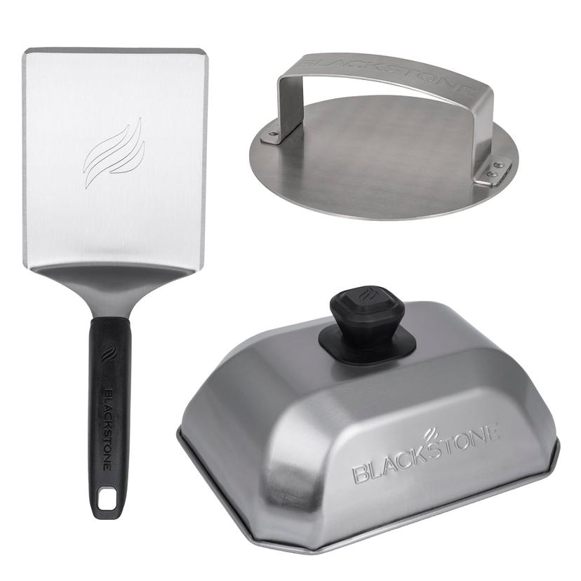 BLACKSTONE 5462 Hamburger Kit (3 Piece) - Metal Flipper Spatula Turner, Basting Cover & Hamburger Press Patty Stainless Steel Burger Maker Set for Bacon, Steak-Griddle Accessories for Grilling, Black