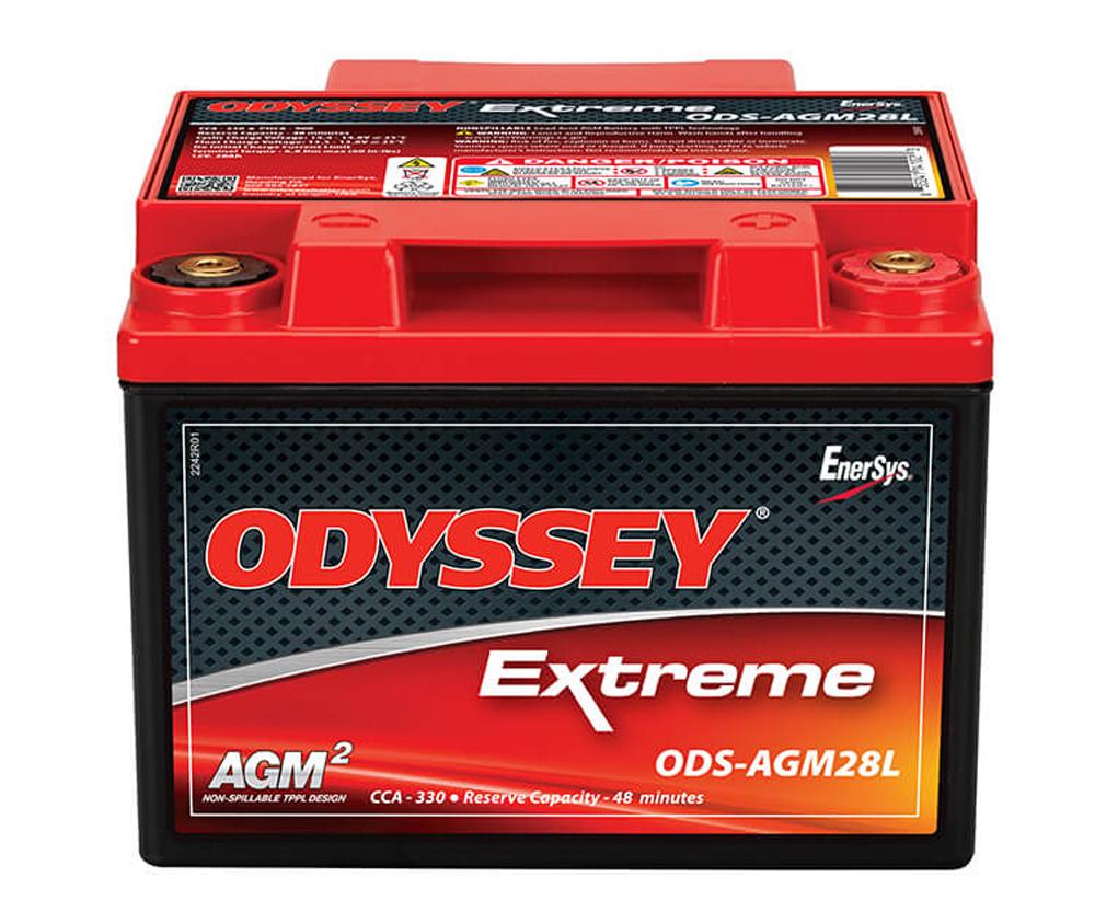 ODYSSEY ODS-AGM28L Battery; Extreme Series; 12 Volt; 330 Cold Cranking Amps/ 900 Pulse Hot Cranking Amps; Internal Threaded Right Positive Brass Terminal With M6 SS Bolts; 6.6 Inch Length; 6.9 Inch Width; 4.7 Inch Height - High quality product image showing ODYSSEY ODS-AGM28L Battery; Extreme Series; 12 Volt; 330 Cold Cranking Amps/ 900 Pulse Hot Cranking Amps; Internal Threaded Right Positive Brass Terminal With M6 SS Bolts; 6.6 Inch Length; 6.9 Inch Width; 4.7 Inch Height details and features