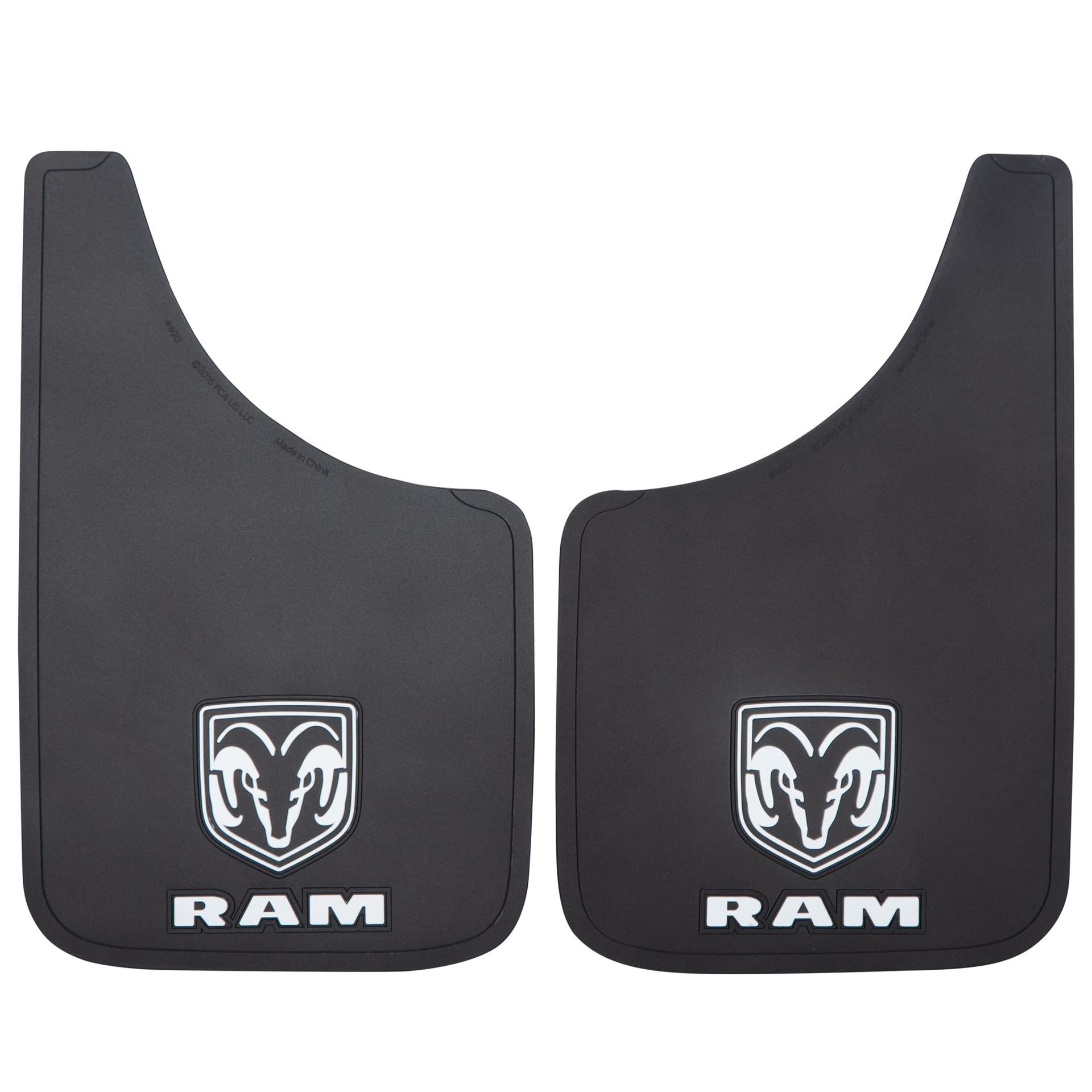 PLASTICOLOR 000490R01 RAM White Logo Easy Fit 9 INCHx15 INCH Mud Guard - Left and Right Set - High quality product image showing PLASTICOLOR 000490R01 RAM White Logo Easy Fit 9 INCHx15 INCH Mud Guard - Left and Right Set details and features