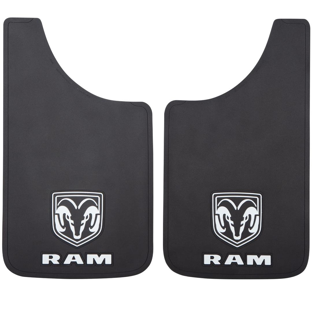 PLASTICOLOR 000541R01 Mud Flap; Easy-Fit Series; Universal 11 Inch x 19 Inch; Set Of 2; Flat; Ram Logo; Black; Fiberglass Reinforced; Screw On - The Twister Group product