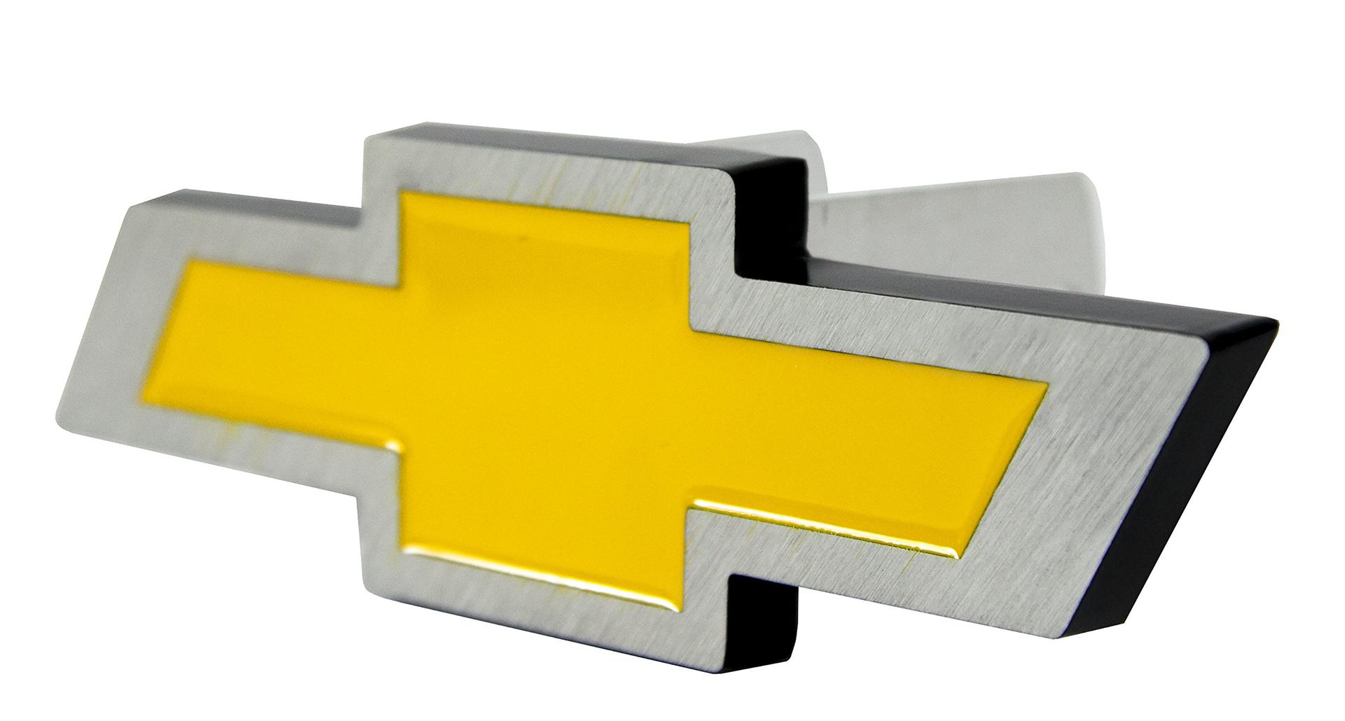 PLASTICOLOR 002207R01 Chevy Bowtie Style Brushed Aluminum Hitch Plug, yellow - High quality product image showing PLASTICOLOR 002207R01 Chevy Bowtie Style Brushed Aluminum Hitch Plug, yellow details and features