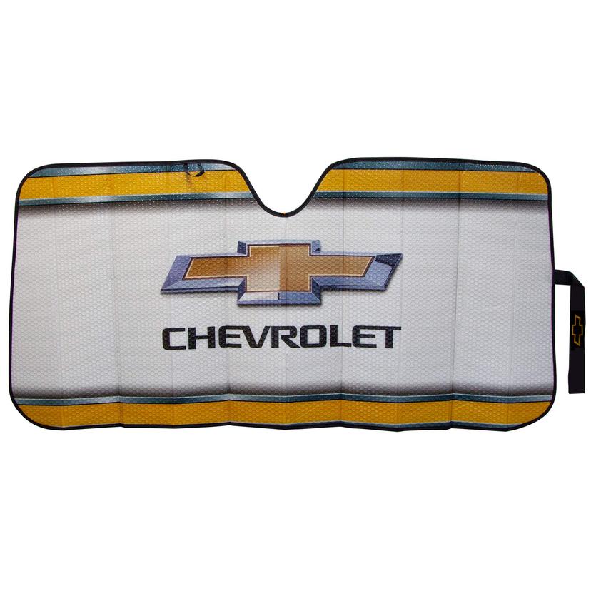 PLASTICOLOR 003737R01 Windshield Shade; Elite Series; Removable Accordion Fold; Universal 27.5 Inch x 58 Inch; For Full Windshield; Chevrolet Logo; Gold/White; Uses Sun Visors To Hold In Place