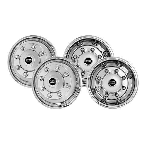 PACIFIC DUALIES 37-1950W Wheel Simulator; Fits 19-1/2 Inch - 8 Lug Wheel; Stainless Steel; Set Of 4; Includes 2 Front And 2 Rear Simulators/ 2 Front And 2 Rear Center Caps/ Axle Cover/ Lug Nut Cover/ 4 Retainer Rings/ 8 Retainer Ring Screws