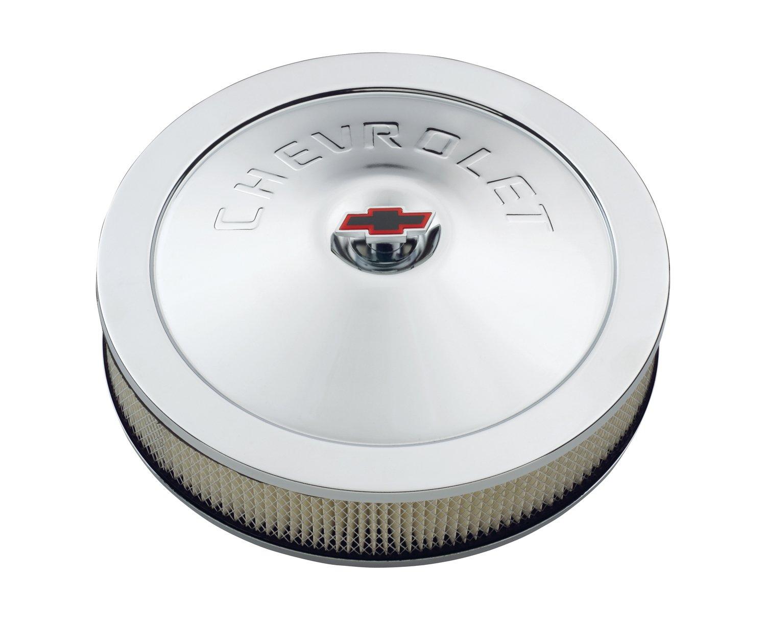PROFORM 141-302 Chrome 14 INCH Diameter Air Cleaner Kit with Raised Chevrolet Logo and 3 INCH Paper Filter - High quality product image showing PROFORM 141-302 Chrome 14 INCH Diameter Air Cleaner Kit with Raised Chevrolet Logo and 3 INCH Paper Filter details and features