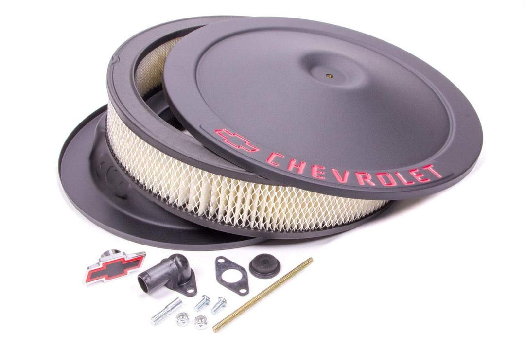 PROFORM 141-752 Air Cleaner Assembly, Classic, 14 in Round, 3 in Element, 5-1/8 in Carb Flange, Drop Base, Red Chevrolet Logo, Steel, Black Crinkle, Kit - The Twister Group Tools product