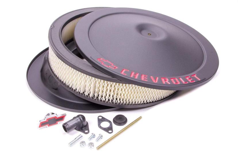 PROFORM 141-752 Air Cleaner Assembly, Classic, 14 in Round, 3 in Element, 5-1/8 in Carb Flange, Drop Base, Red Chevrolet Logo, Steel, Black Crinkle, Kit